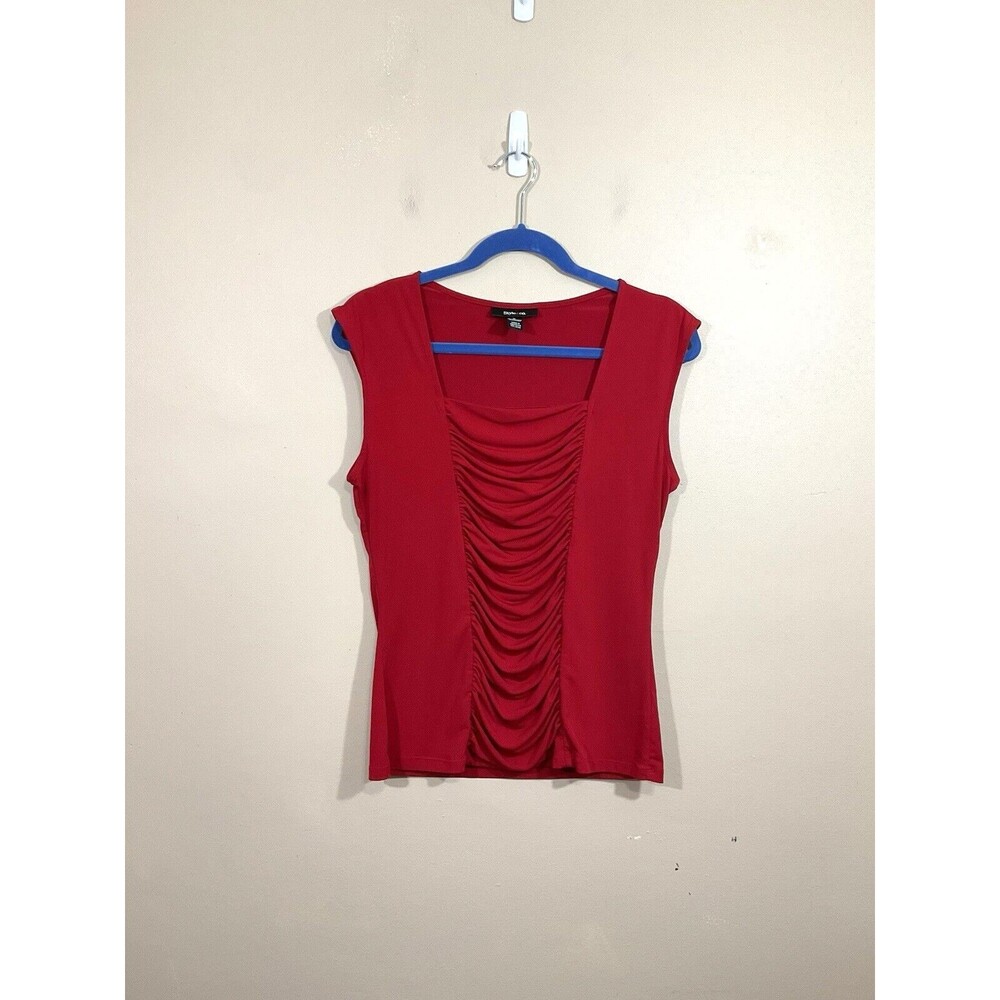 Vintage Womens Ruched Front Cap Sleeve Shirt M Cherry Red Y2K Party Holidays